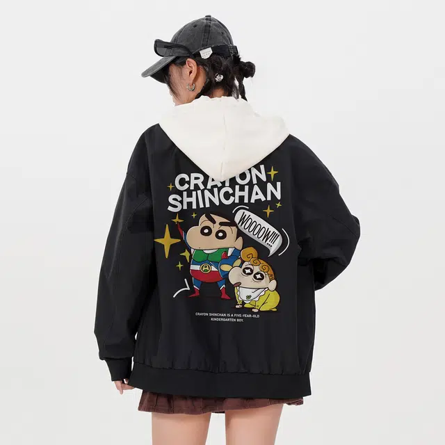 蜡笔小新 卡通动漫字母印花休闲宽松连帽夹克外套 男女同款