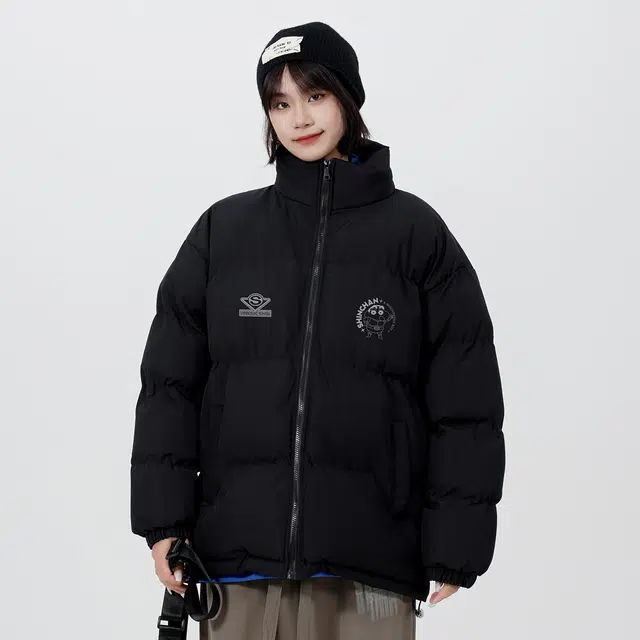 蜡笔小新 卡通动感超人小新字母印花保暖纯色立领加厚宽松面包棉服外套 男女同款