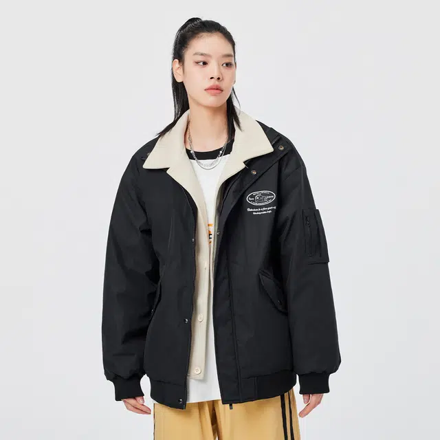 蜡笔小新 假两件休闲夹克立领宽松加厚保暖飞行员纯色拉链落肩棉服外套 男女同款