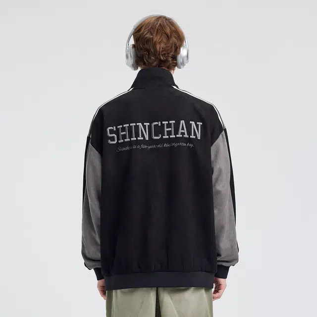 蜡笔小新 撞色麂皮拼接卡通小新徽标休闲宽松落肩立领夹克外套 男女同款