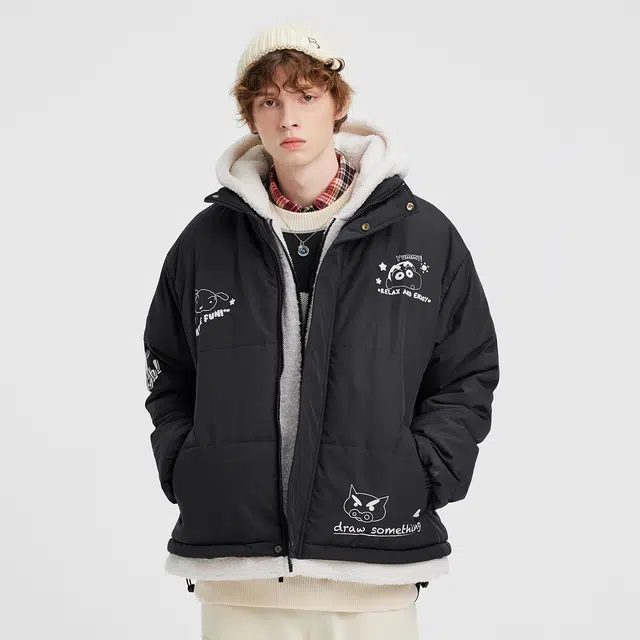 蜡笔小新 假两件连帽卡通字母印花休闲保暖棉服外套 男女同款