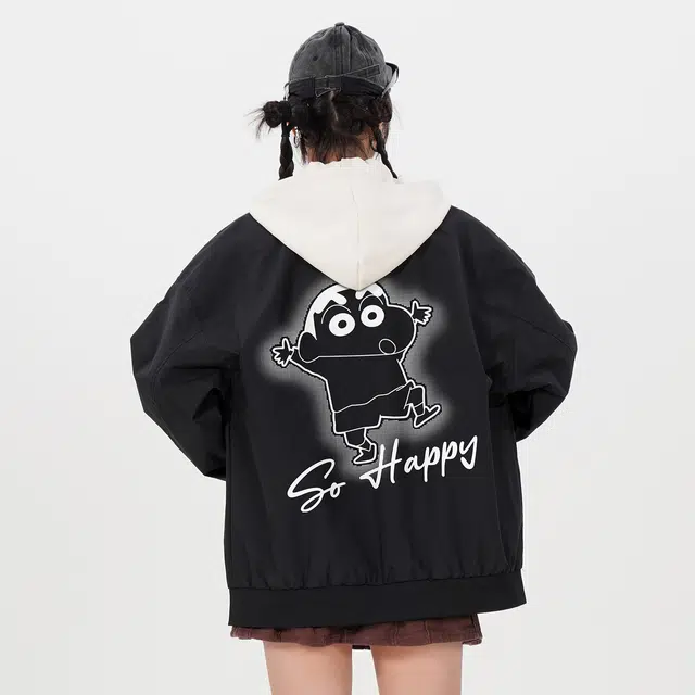 蜡笔小新 跳舞卡通人物加厚内胆休闲宽松连帽棉服 男女同款