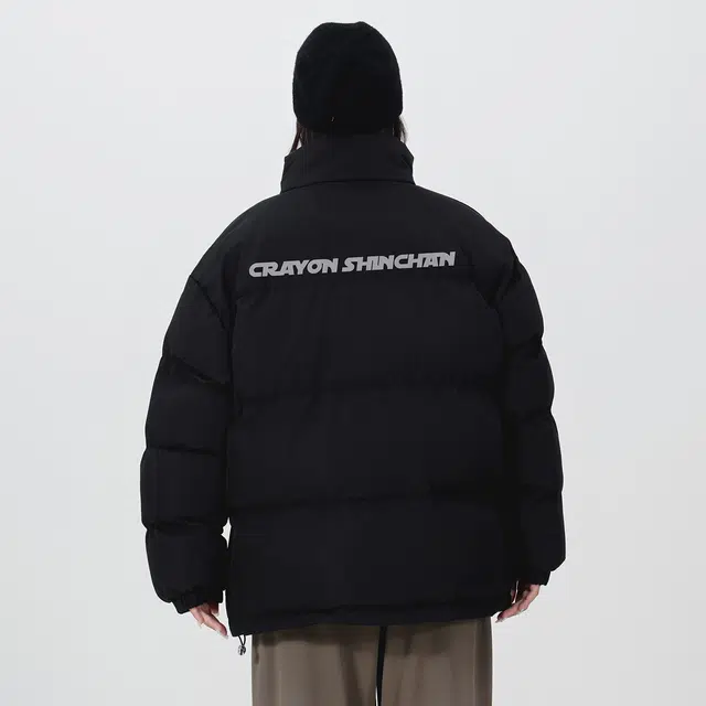 蜡笔小新 卡通动感超人小新字母印花保暖纯色立领加厚宽松面包棉服外套 男女同款