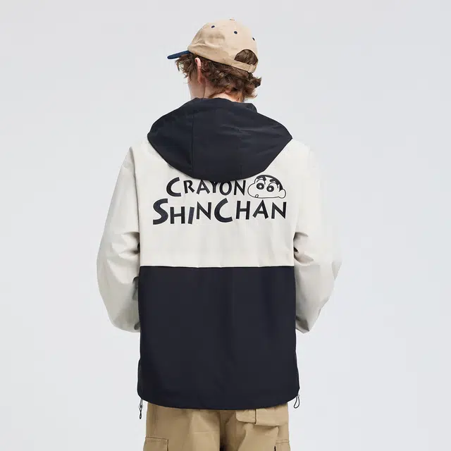 蜡笔小新 山系户外撞色拼接休闲卡通小新字母印花宽松防风连帽夹克外套 男女同款