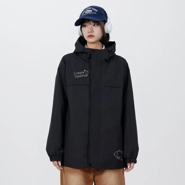 蜡笔小新 户外运动休闲卡通人物字母印花休闲宽松连帽夹克外套 男女同款