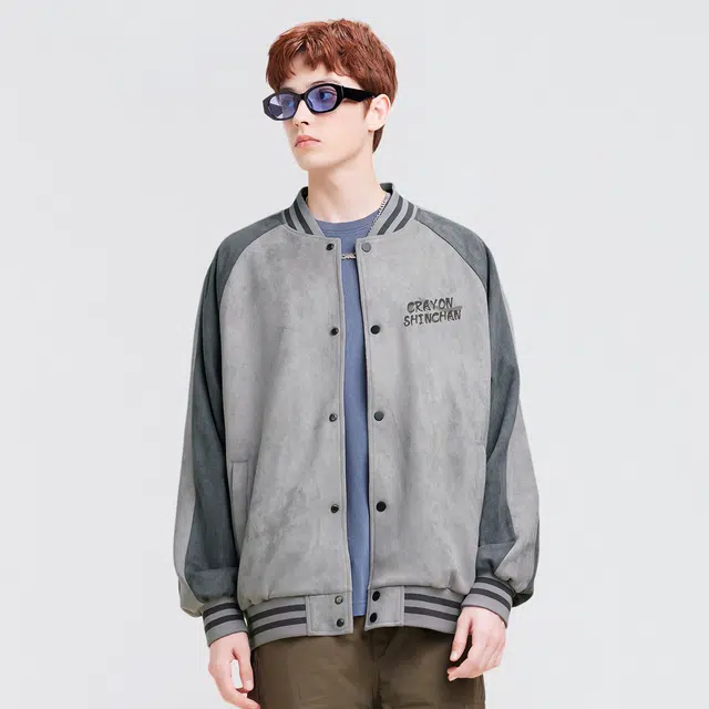 蜡笔小新 撞色拼接卡通线稿小新字母印花插肩休闲棒球服外套 男女同款