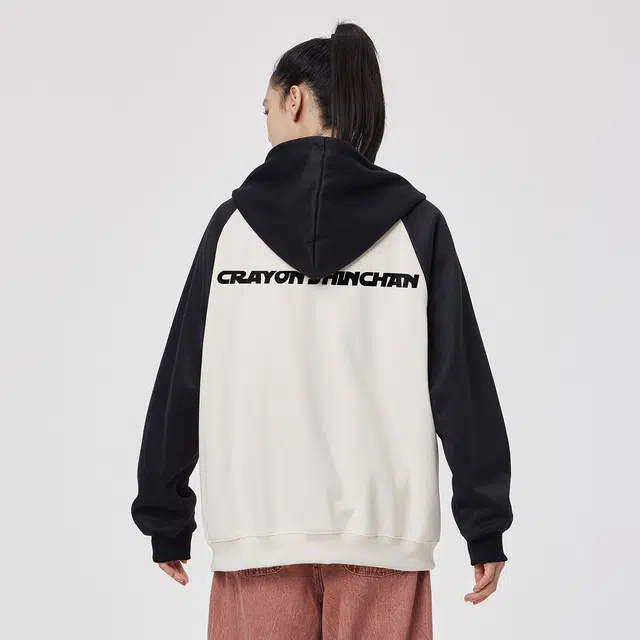 蜡笔小新 撞色插肩卡通动感超人字母印花休闲宽松拉链开衫连帽卫衣 男女同款