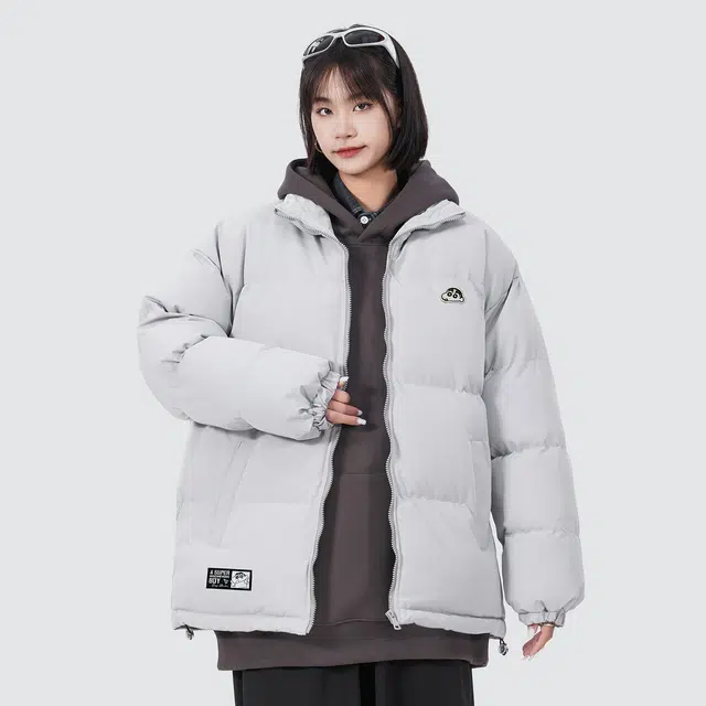 蜡笔小新 纯色卡通动漫小标加厚保暖立领宽松面包棉服外套 男女同款