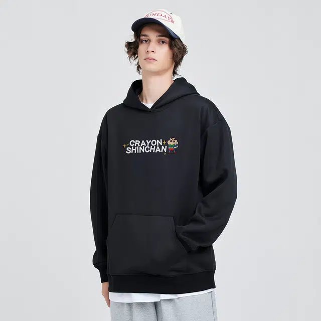 蜡笔小新 卡通小新动感超人字母印花宽松休闲套头连帽卫衣 男女同款