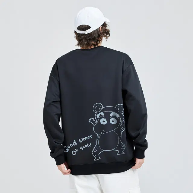 蜡笔小新 手绘字母卡通青蛙印花休闲宽松套头圆领卫衣 男女同款