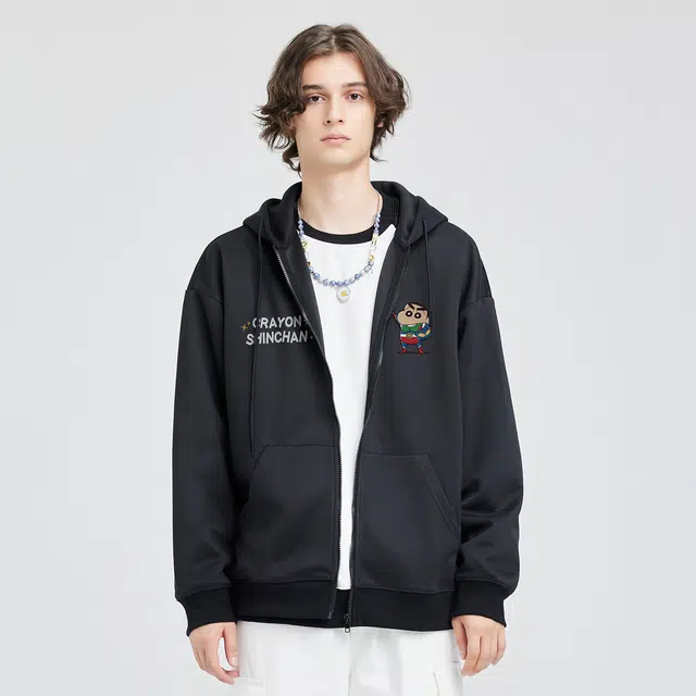 蜡笔小新 卡通动感超人字母印花休闲宽松连帽开衫卫衣 男女同款