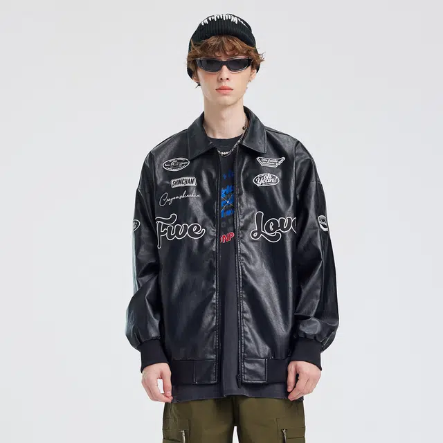 蜡笔小新 卡通赛车元素印花翻领纯色休闲宽松飞行员棒球服外套 男女同款