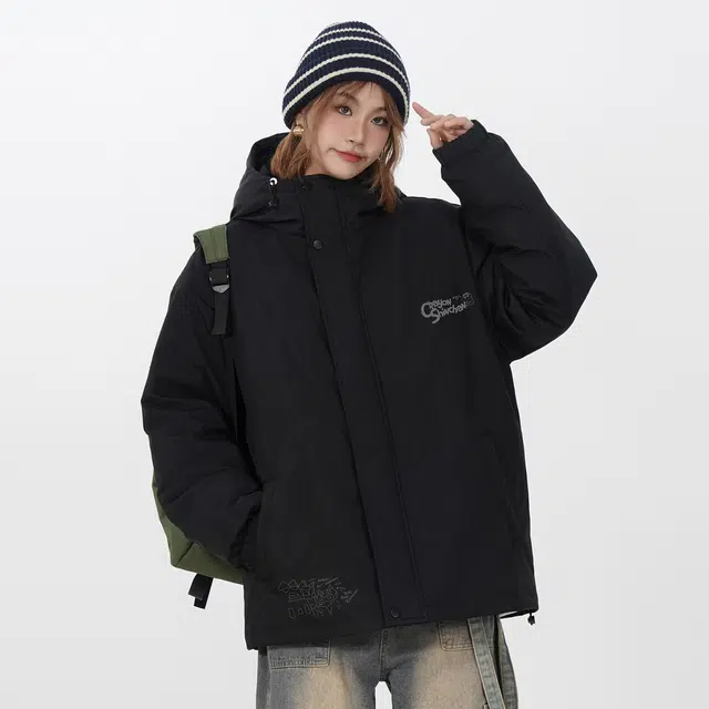 蜡笔小新 户外休闲卡通人物字母印花保暖加厚休闲宽松羽绒服外套 男女同款