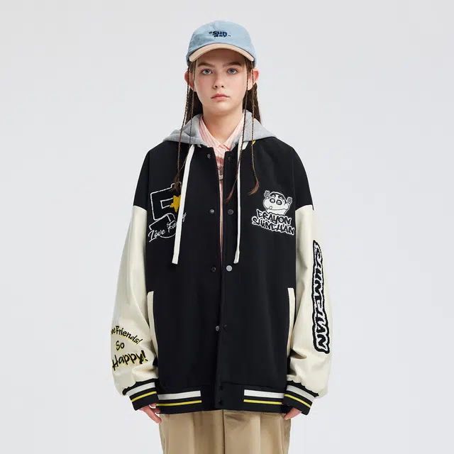 蜡笔小新 趣味欢呼小新卡通字母印花拼接撞色休闲宽松连帽夹克外套 男女同款