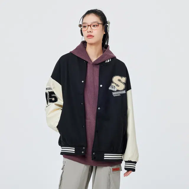 蜡笔小新 撞色拼接卡通小新字母印花棒球服外套 男女同款