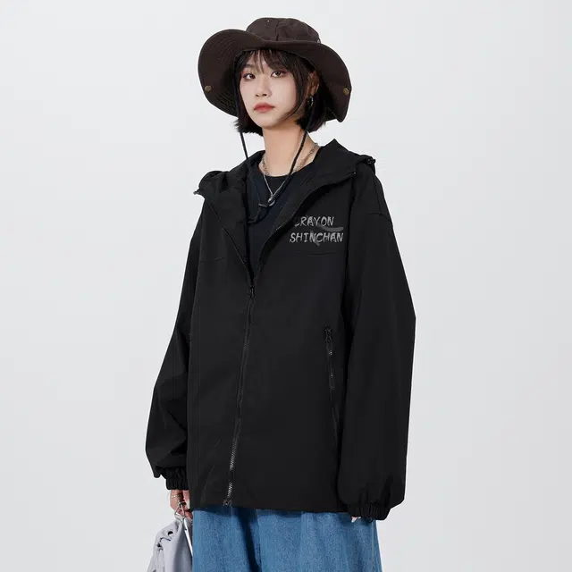 蜡笔小新 卡通小新线稿手绘字母印花休闲宽松连帽夹克外套 男女同款