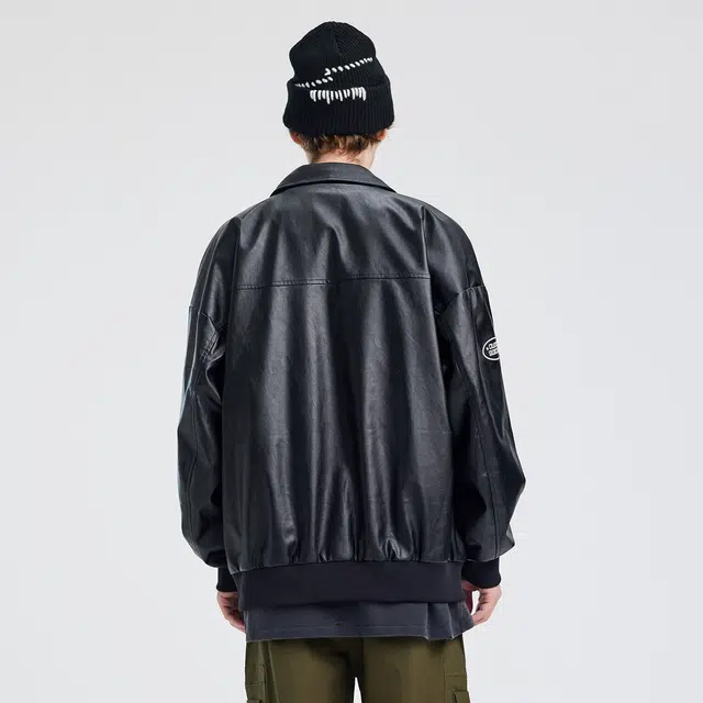 蜡笔小新 卡通赛车元素印花翻领纯色休闲宽松飞行员棒球服外套 男女同款