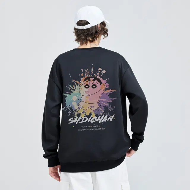 蜡笔小新 小新彩色泼墨字母印花休闲宽松套头圆领卫衣 男女同款