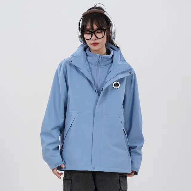 蜡笔小新 户外防水防风卡通字母印花厚款可拆卸内胆连帽三合一冲锋衣外套 男女同款