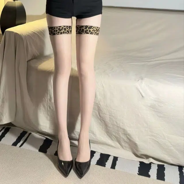 轻迎 豹纹夏季薄款性感辣妹长筒过膝袜夜店渔网袜美腿显瘦耐穿丝袜 女款