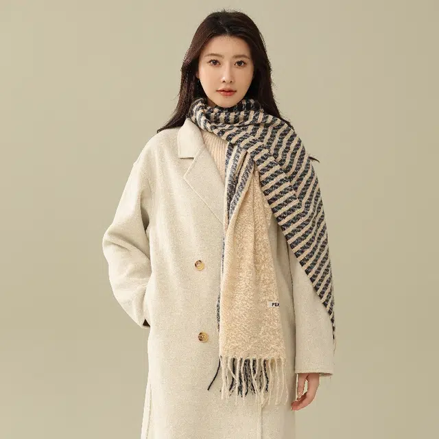 匹克 文艺保暖甜美流苏格纹 绒线围巾 女款 黑色