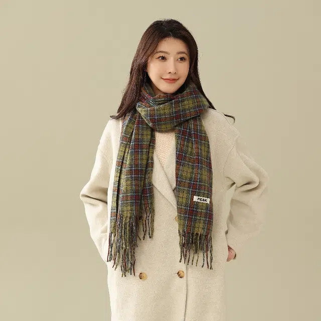 匹克 甜美格纹流苏 防寒保暖 绒线围巾 女款 墨绿色