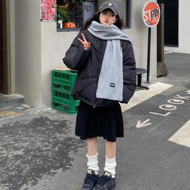 匹克 纯色防寒保暖 小众设计 绒线围巾 男女同款情侣款 灰色 米色