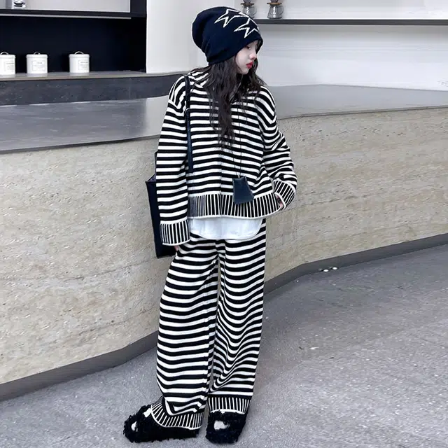 木木屋 时尚洋气舒适百搭连帽条纹长袖休闲运动套装 黑白色 青少年