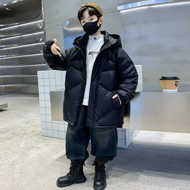 木木屋羽绒服 简约舒适连帽拉链长袖 黑色 青少年