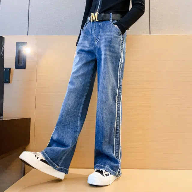 木木屋 洋气简约松紧腰纯色休闲牛仔裤 蓝色 青少年