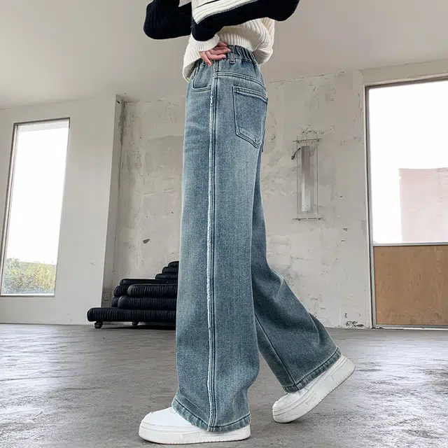木木屋牛仔裤 时尚简约加绒加厚纯色柔软 蓝色 青少年