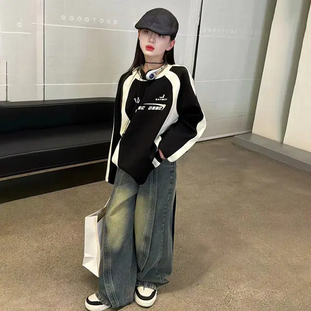 木木屋 柔软舒适时髦洋气渐变松紧腰牛仔裤 青少年 蓝色