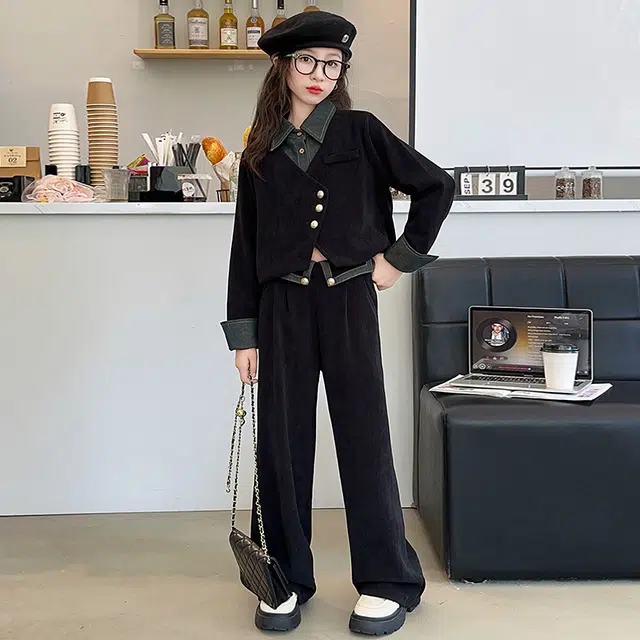 木木屋 翻领洋气简约纯色松紧腰长裤休闲运动套装 黑色 青少年