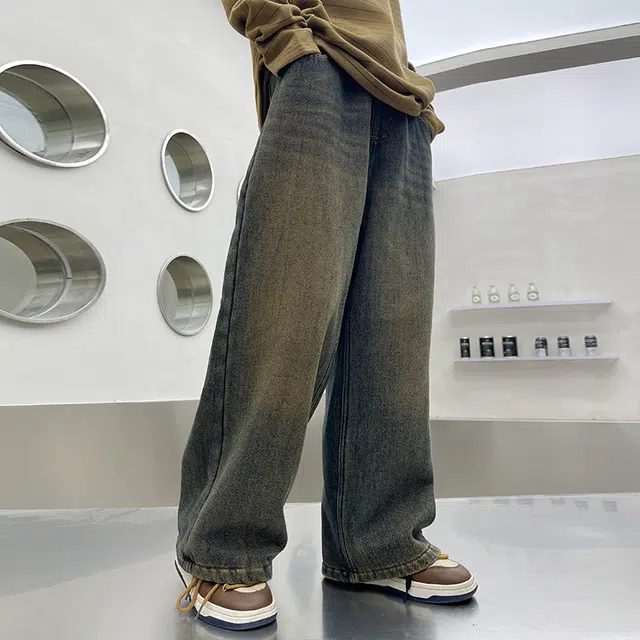 木木屋 简约纯色松紧腰牛仔裤 蓝色 青少年