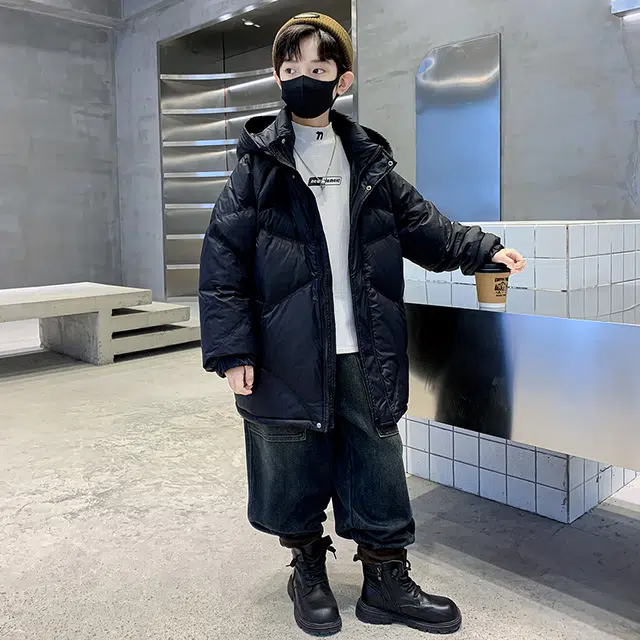 木木屋羽绒服 简约舒适连帽拉链长袖 黑色 青少年