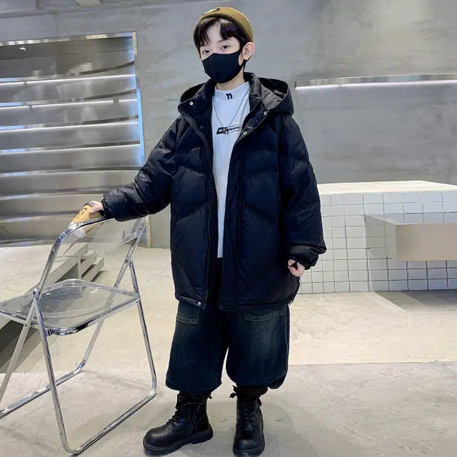 木木屋羽绒服 简约舒适连帽拉链长袖 黑色 青少年