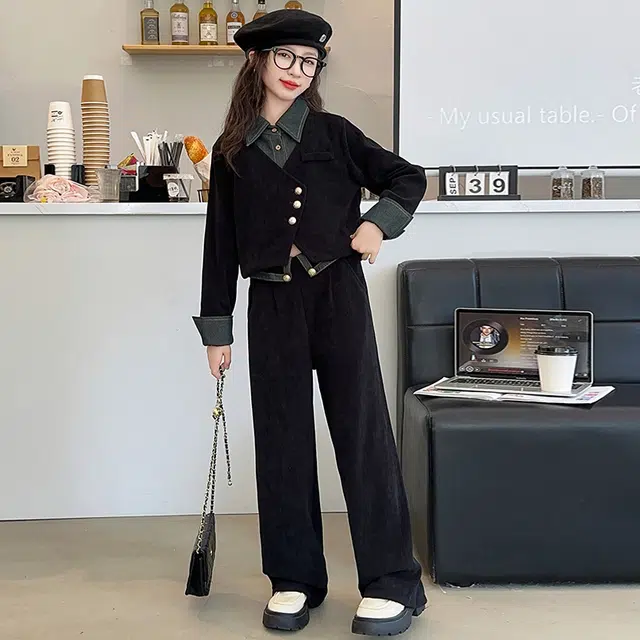 木木屋 翻领洋气简约纯色松紧腰长裤休闲运动套装 黑色 青少年