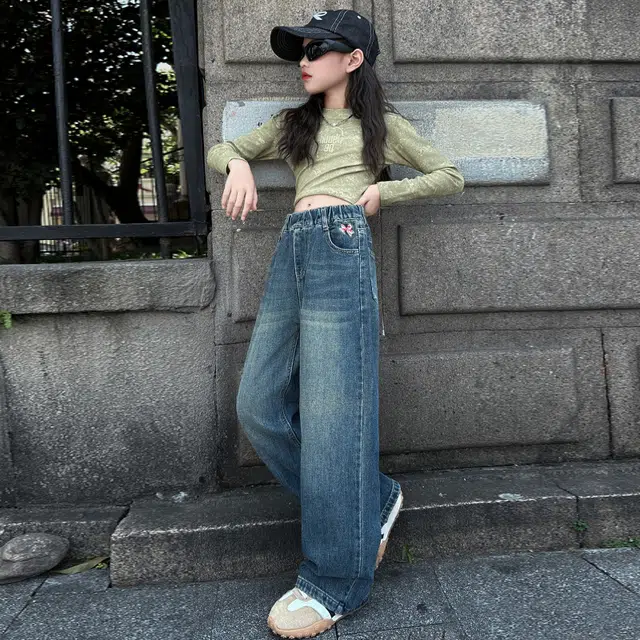 木木屋 松紧腰舒适亲肤简约纯色牛仔裤 青少年 蓝色