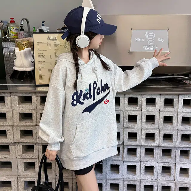木木屋 时尚洋气休闲百搭连帽字母印花长袖卫衣 浅灰色 青少年