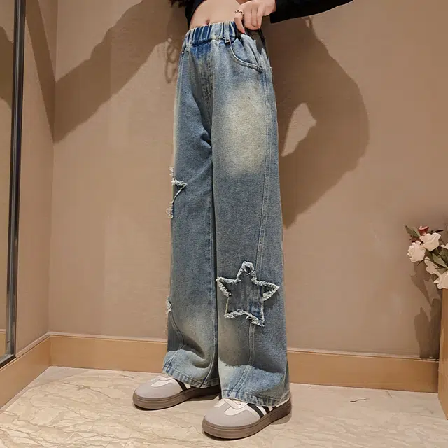 木木屋 舒适亲肤星星透气牛仔裤 蓝色 青少年