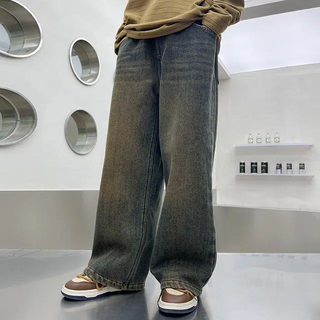 木木屋 简约纯色松紧腰牛仔裤 蓝色 青少年