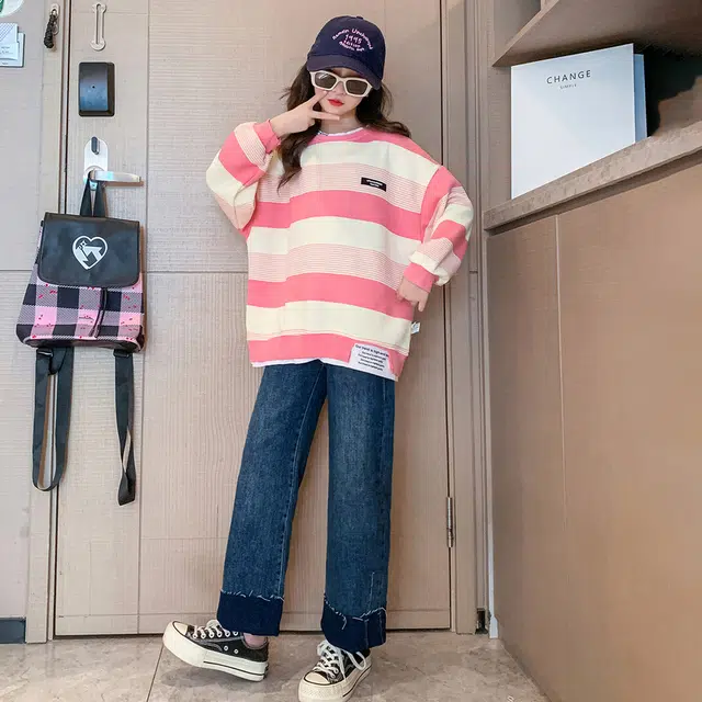 木木屋 圆领洋气条纹落肩长袖卫衣 粉色 青少年