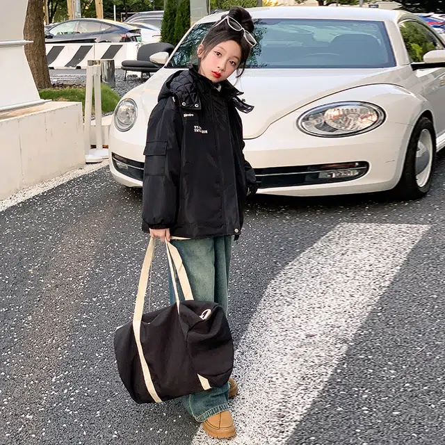木木屋 字母连帽拉链舒适百搭长袖冲锋衣 黑色 青少年