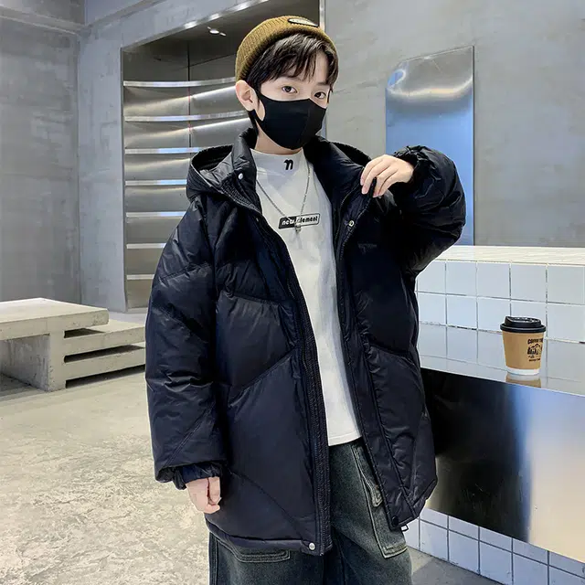 木木屋羽绒服 简约舒适连帽拉链长袖 黑色 青少年