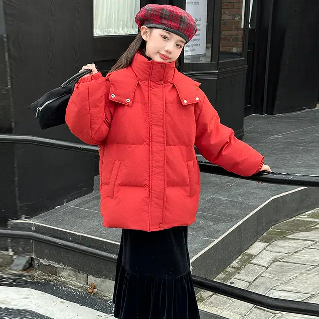 木木屋 简约舒适长袖连帽羽绒服 红色 青少年