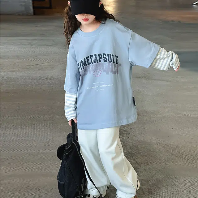 木木屋 舒适圆领字母条纹上衣透气裤子休闲运动套装 蓝色 青少年