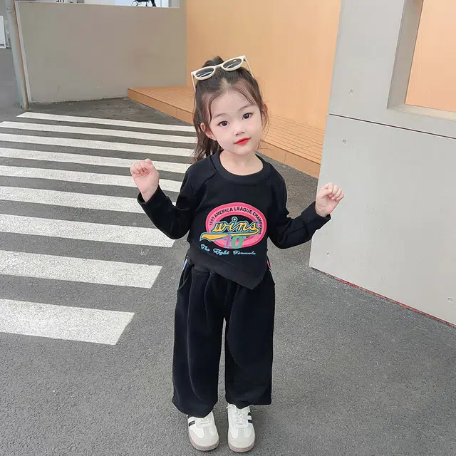 木木屋 圆领洋气简约字母长袖松紧腰长裤休闲运动套装中小童