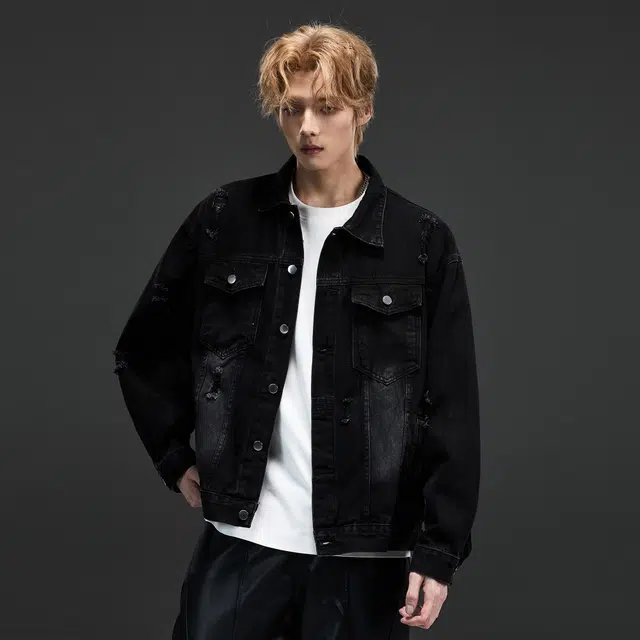 隐狼世家 潮牌复古做旧水洗牛仔男秋季高街宽松情侣百搭破洞外套夹克 男款