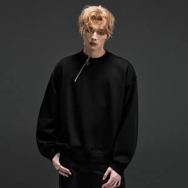 隐狼世家 男生秋季金属侧半拉链落肩袖宽松上衣情侣外套卫衣 男款