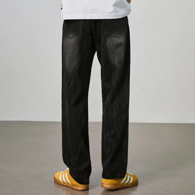 隐狼世家 闪电裂纹水洗男宽松潮流潮牌美式直筒微喇裤子牛仔裤 男款